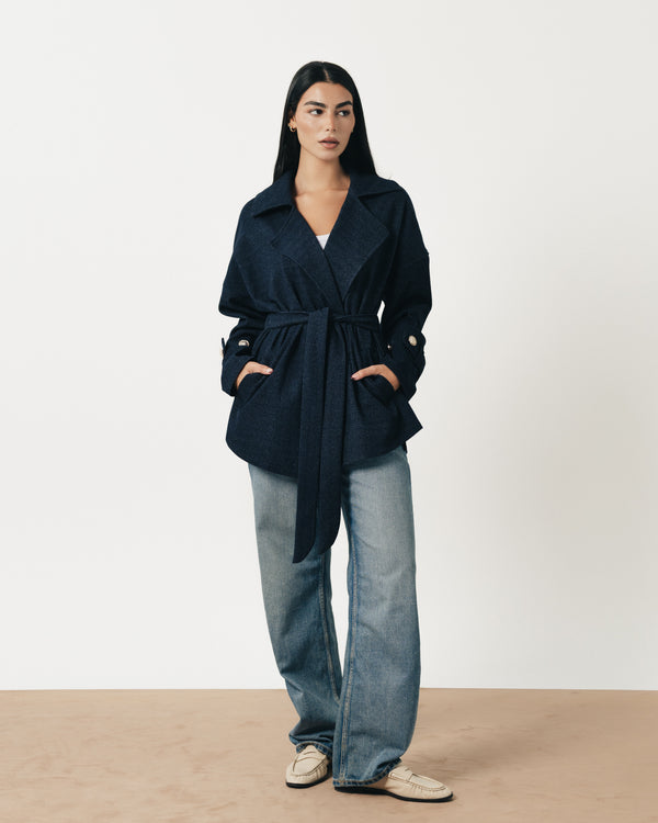 Midnight Blue Soft Denim Wrap Coat