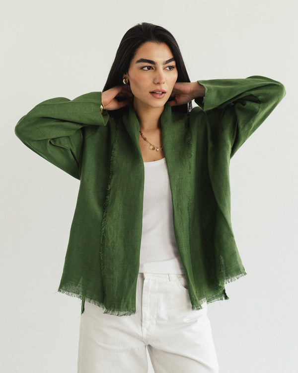 Linen muse mid Kimono with belt - Olive Green( outlet )