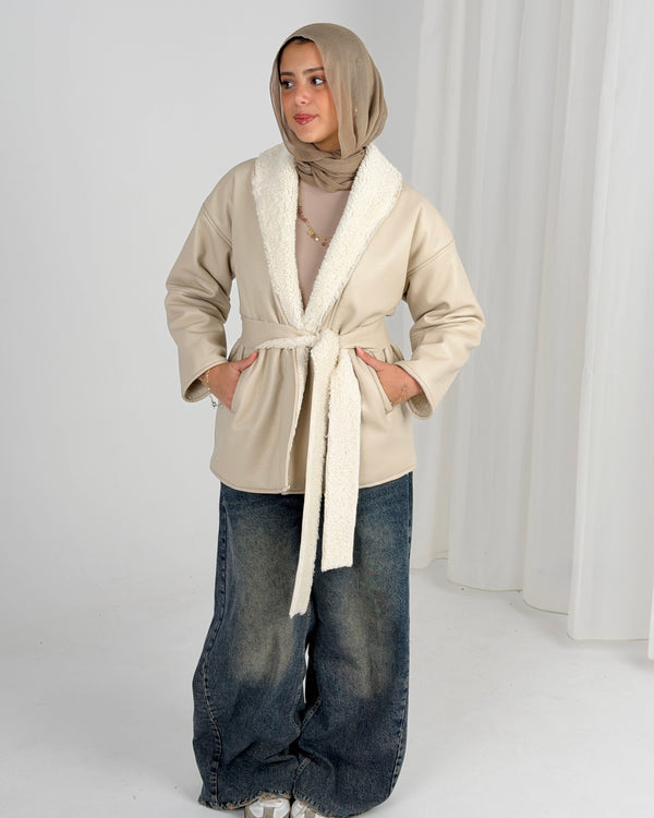 Gold for Her Padded Leather Coat - Light Beige