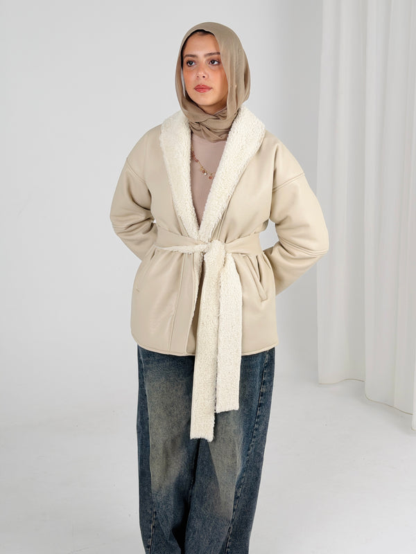 Gold for Her Padded Leather Coat - Light Beige