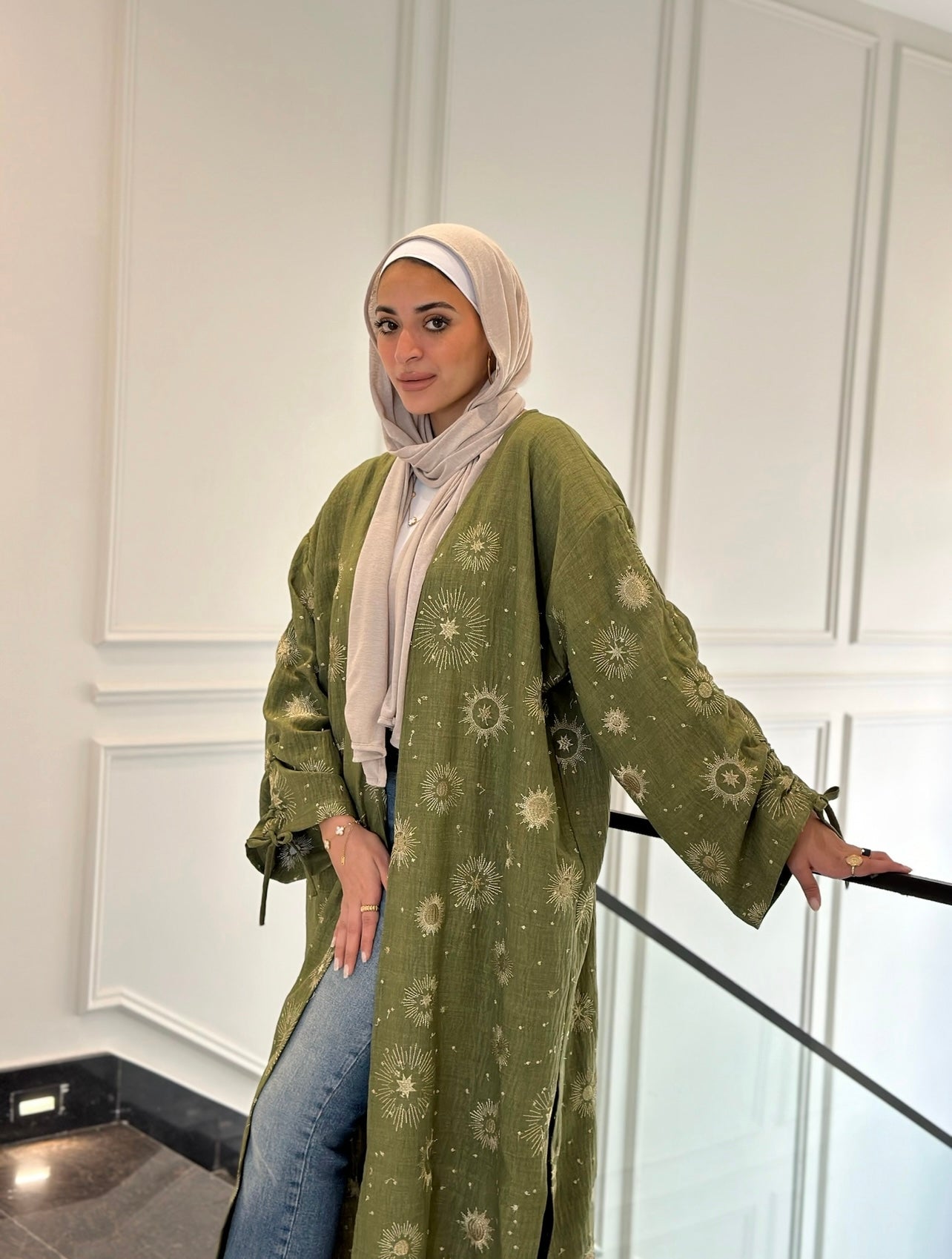 Golden Embroidered Kaftan In Olive ( item can’t be open , Refund or Exchange)