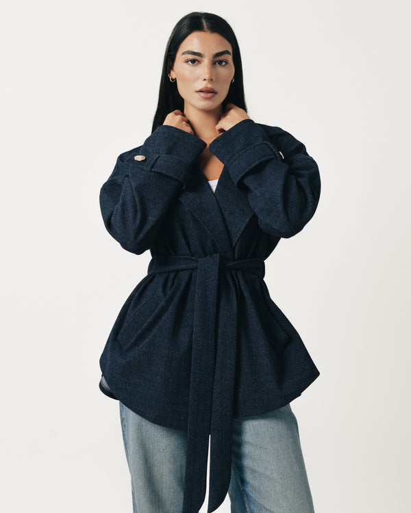 Midnight Blue Soft Denim Wrap Coat