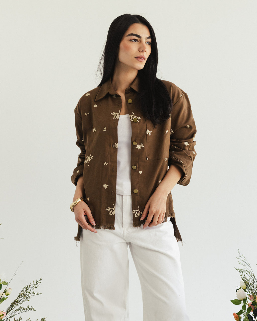 The Boss flora Embroidered shirt - imperial Olive gold