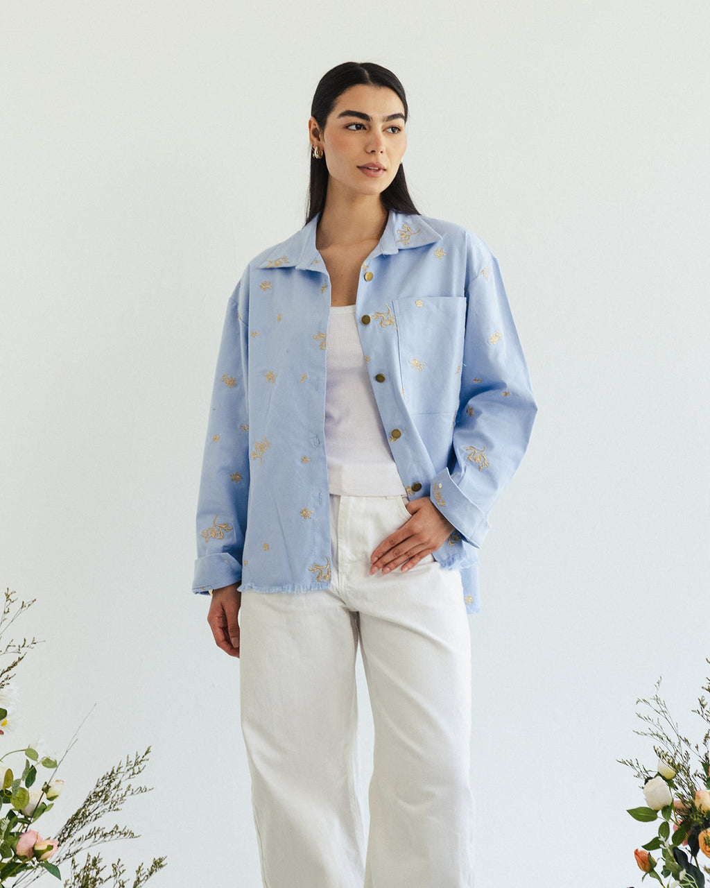 The Boss flora Embroidered shirt - Sky gold