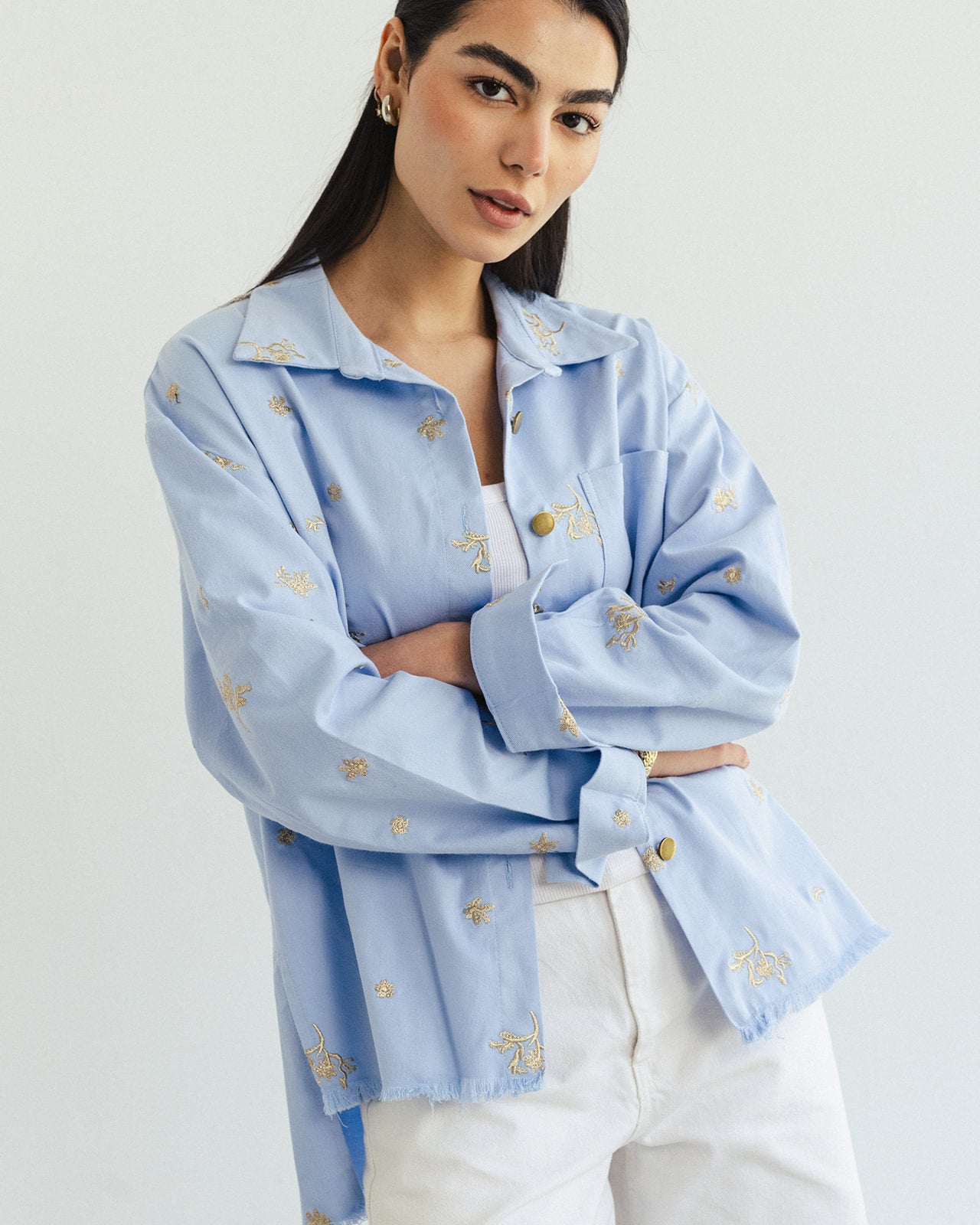 The Boss flora Embroidered shirt - Sky gold