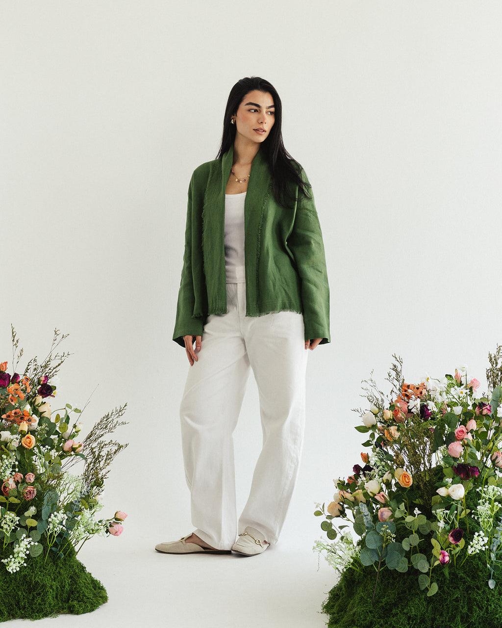 Linen muse mid Kimono - Olive Grove