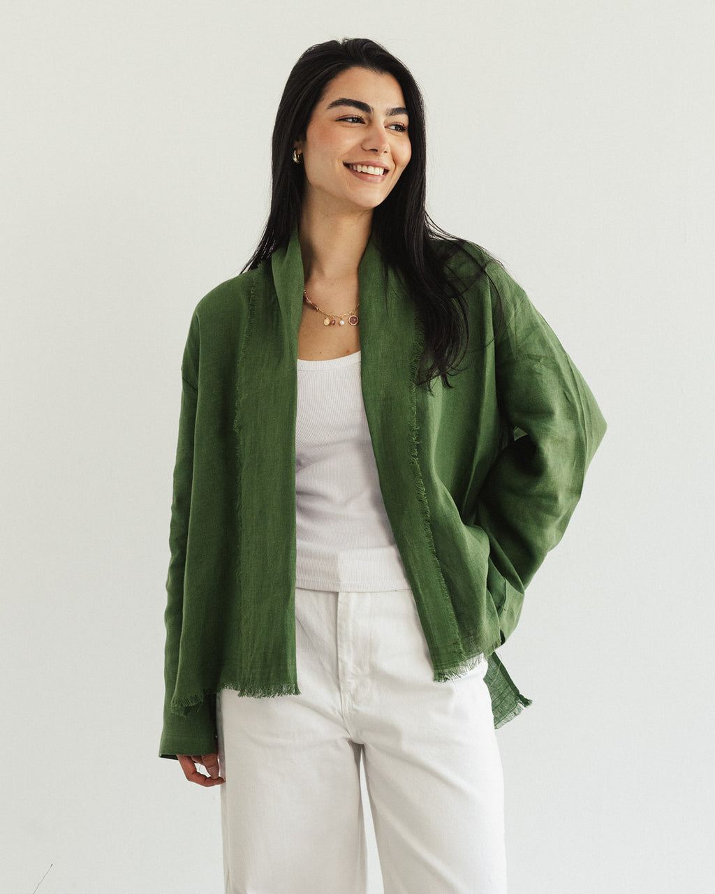 Linen muse mid Kimono - Olive Grove