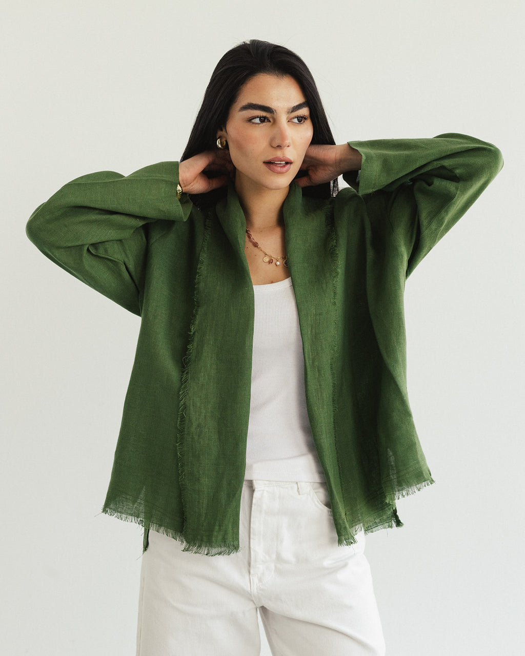 Linen muse mid Kimono - Olive Grove