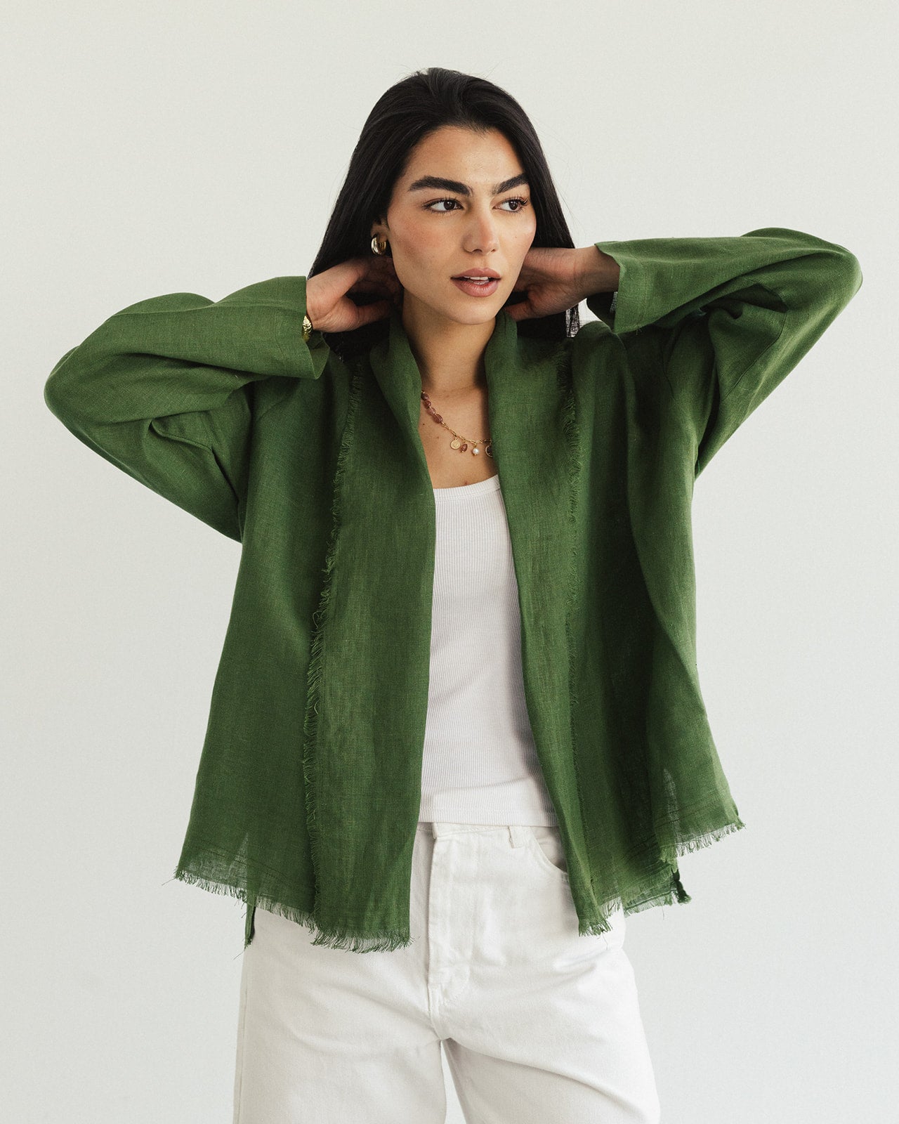Linen muse mid Kimono - Olive Grove