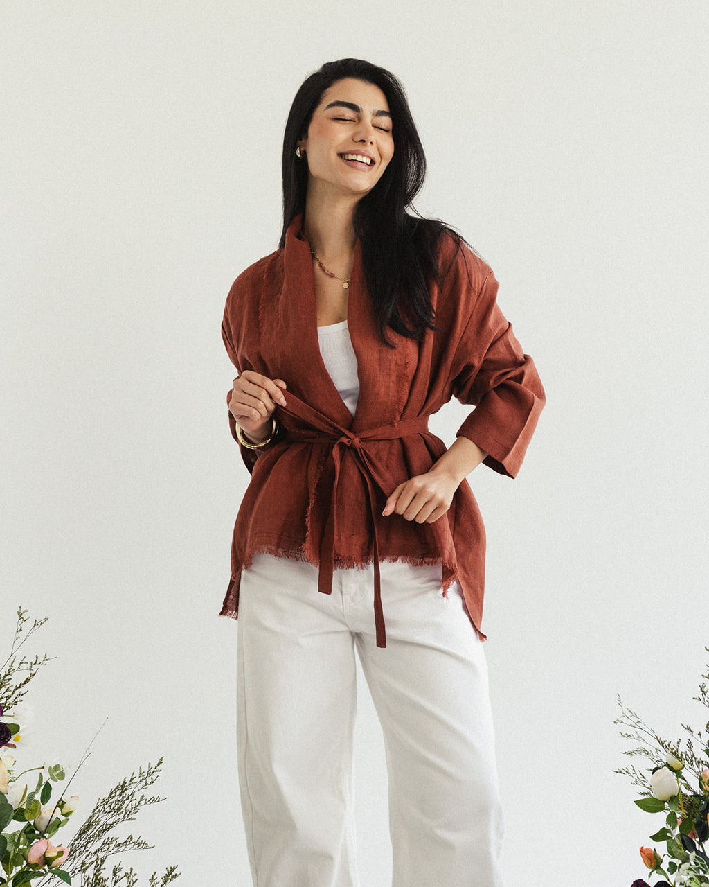 Linen muse mid Kimono - Terracotta Orange