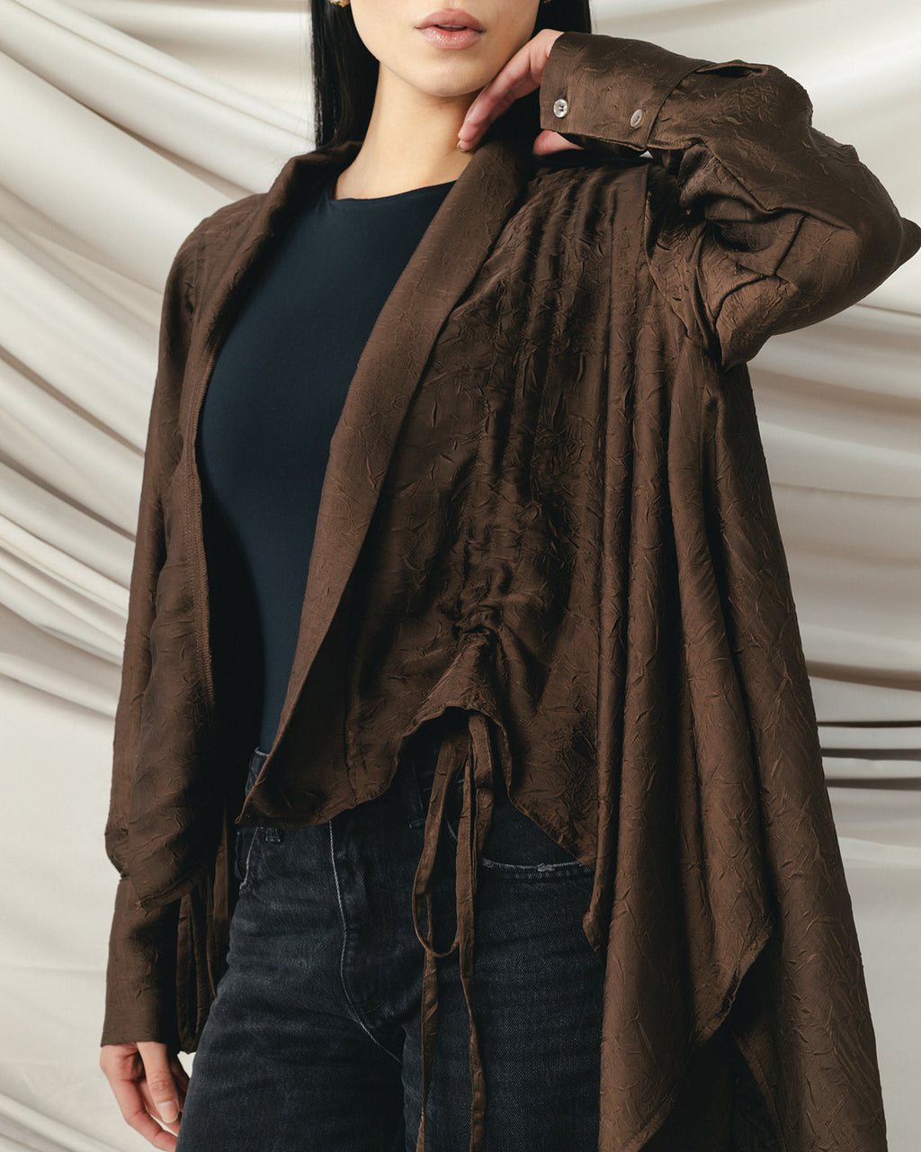 Crinkle Light Satin Cardigan in Brown