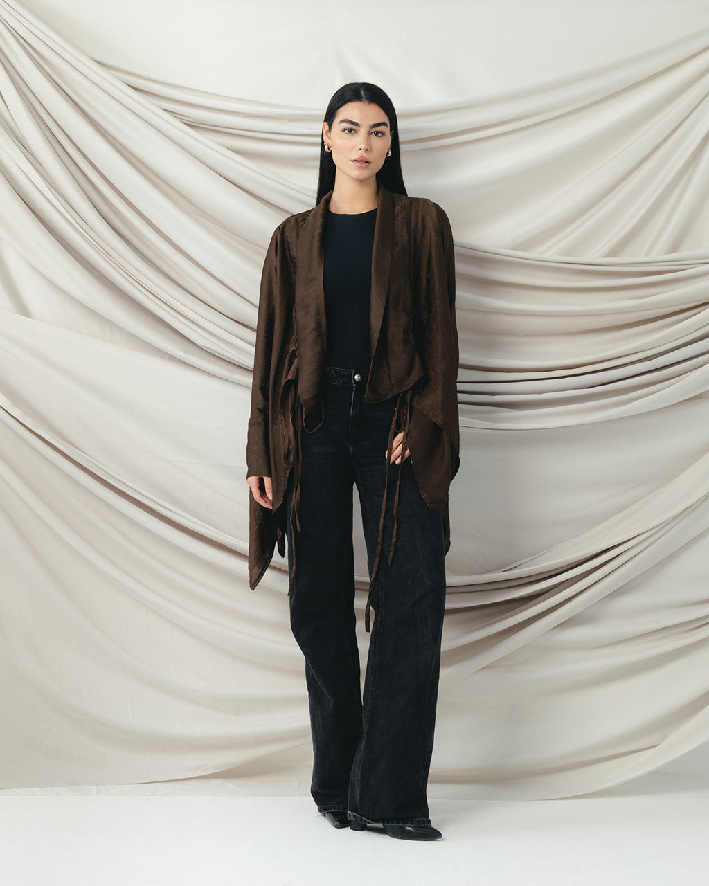 Crinkle Light Satin Cardigan in Brown