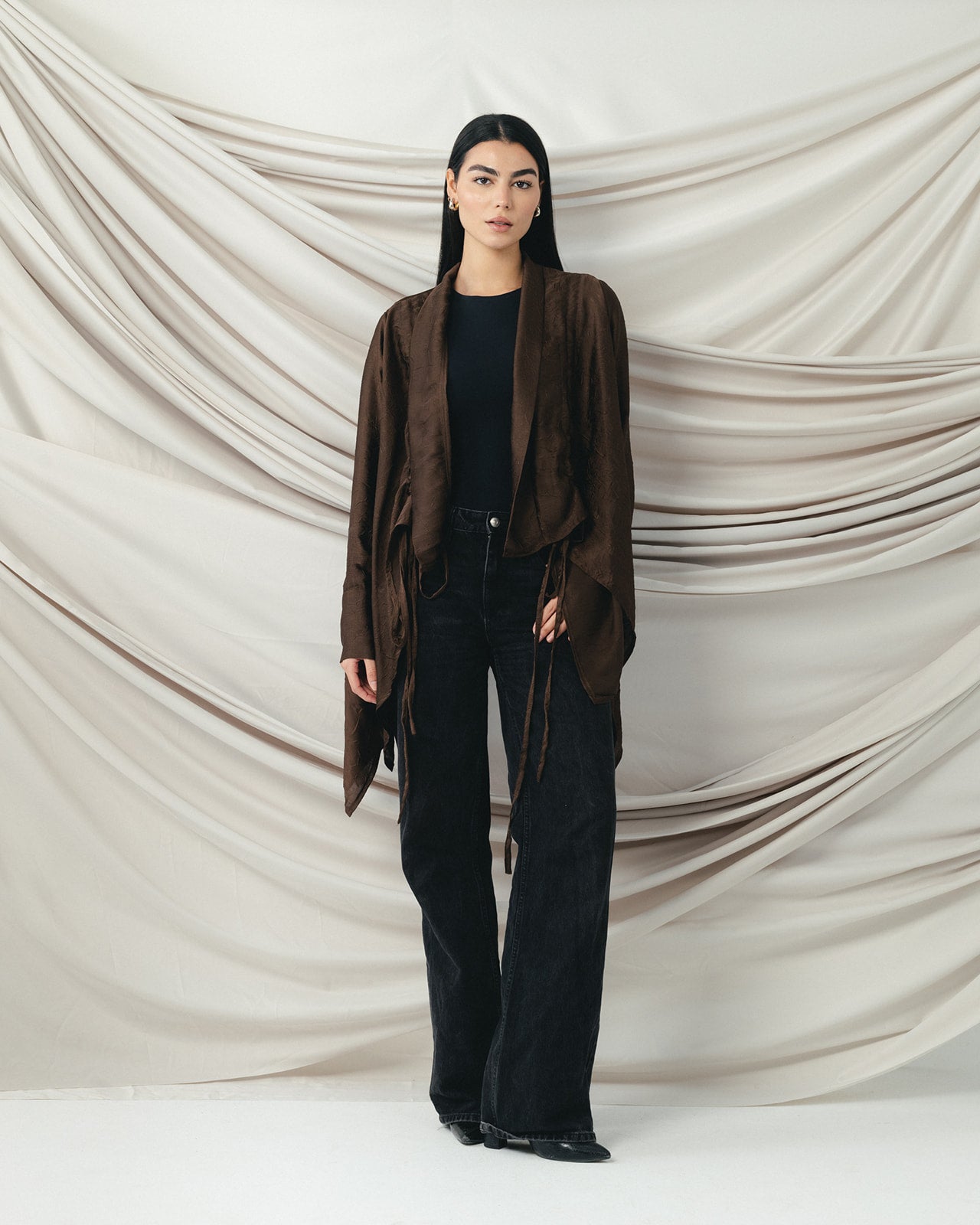 Crinkle Light Satin Cardigan in Brown