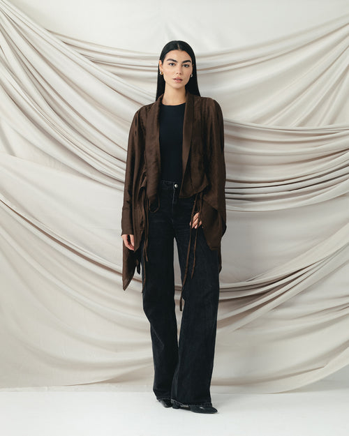 Crinkle Light Satin Cardigan in Brown