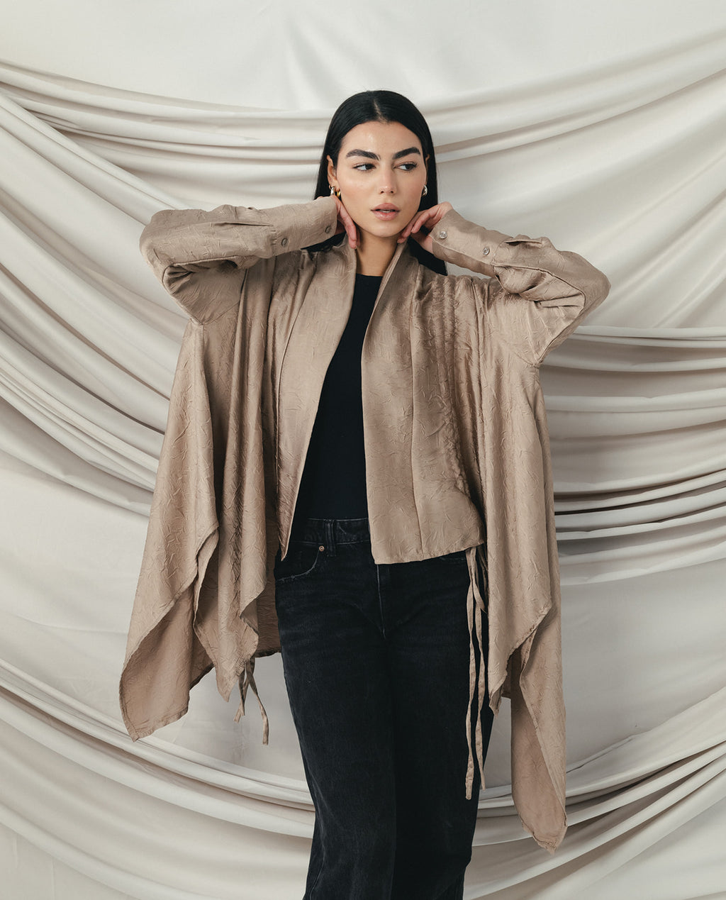 Crinkle Light Satin Cardigan Cafe