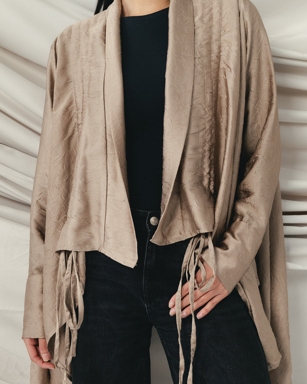 Crinkle Light Satin Cardigan Cafe