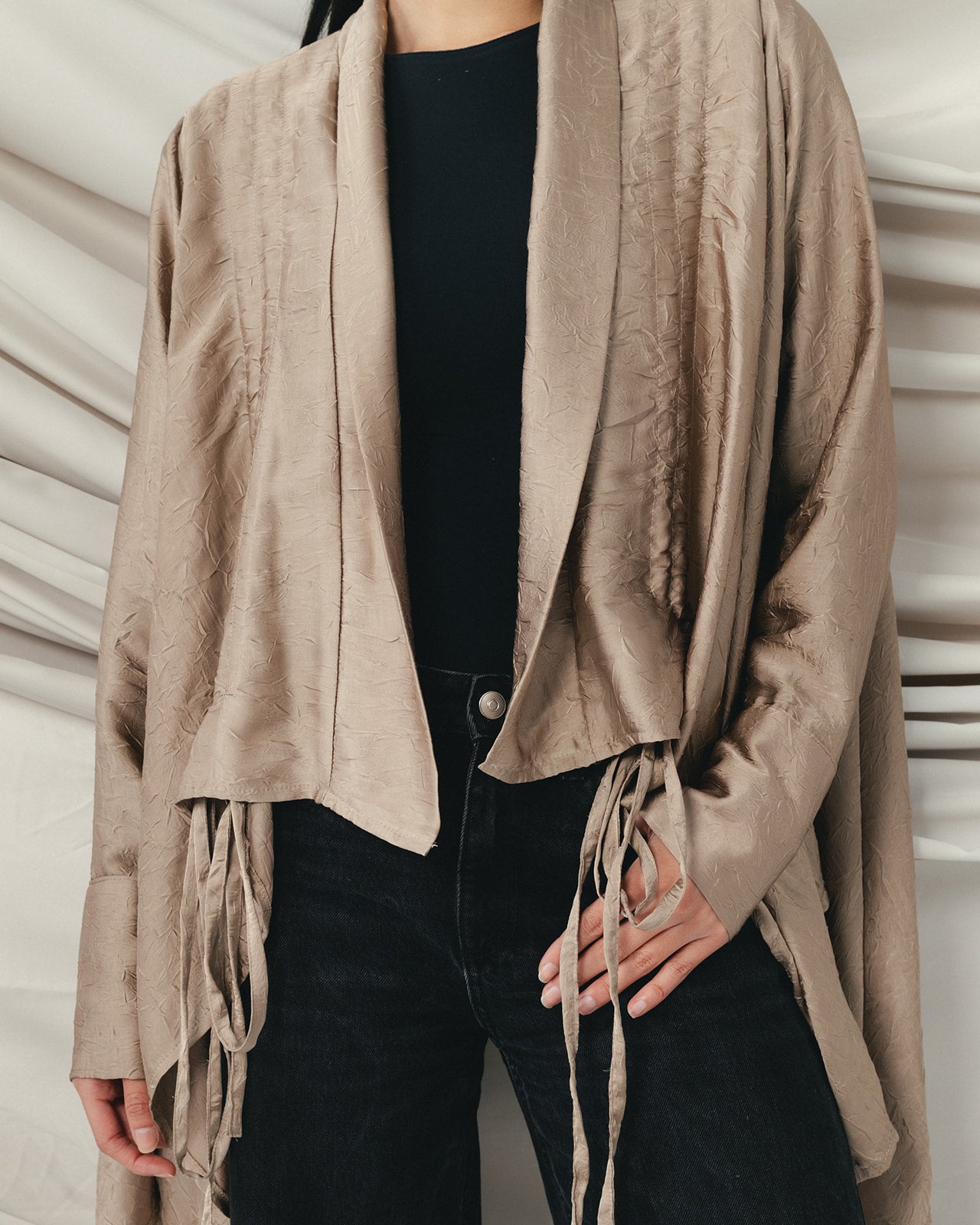 Crinkle Light Satin Cardigan Cafe