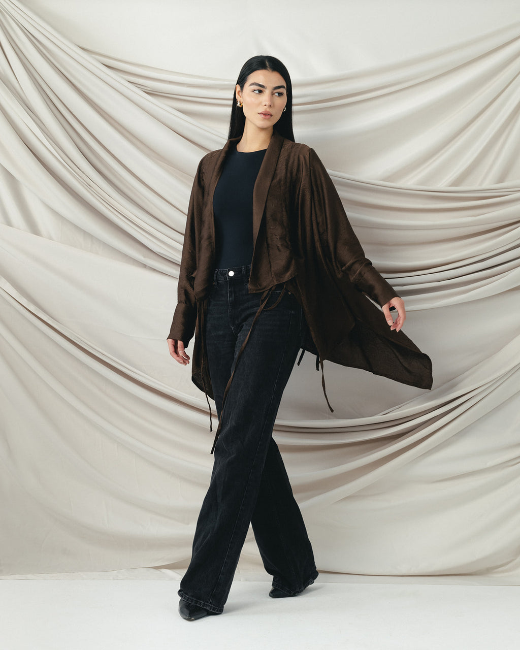 Crinkle Light Satin Cardigan in Brown