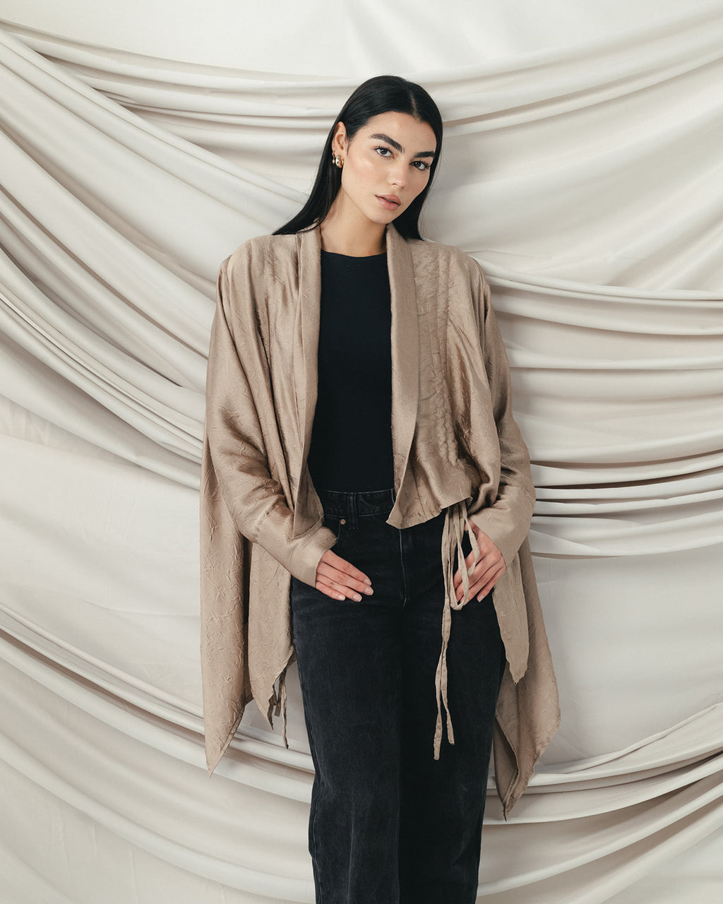 Crinkle Light Satin Cardigan Cafe