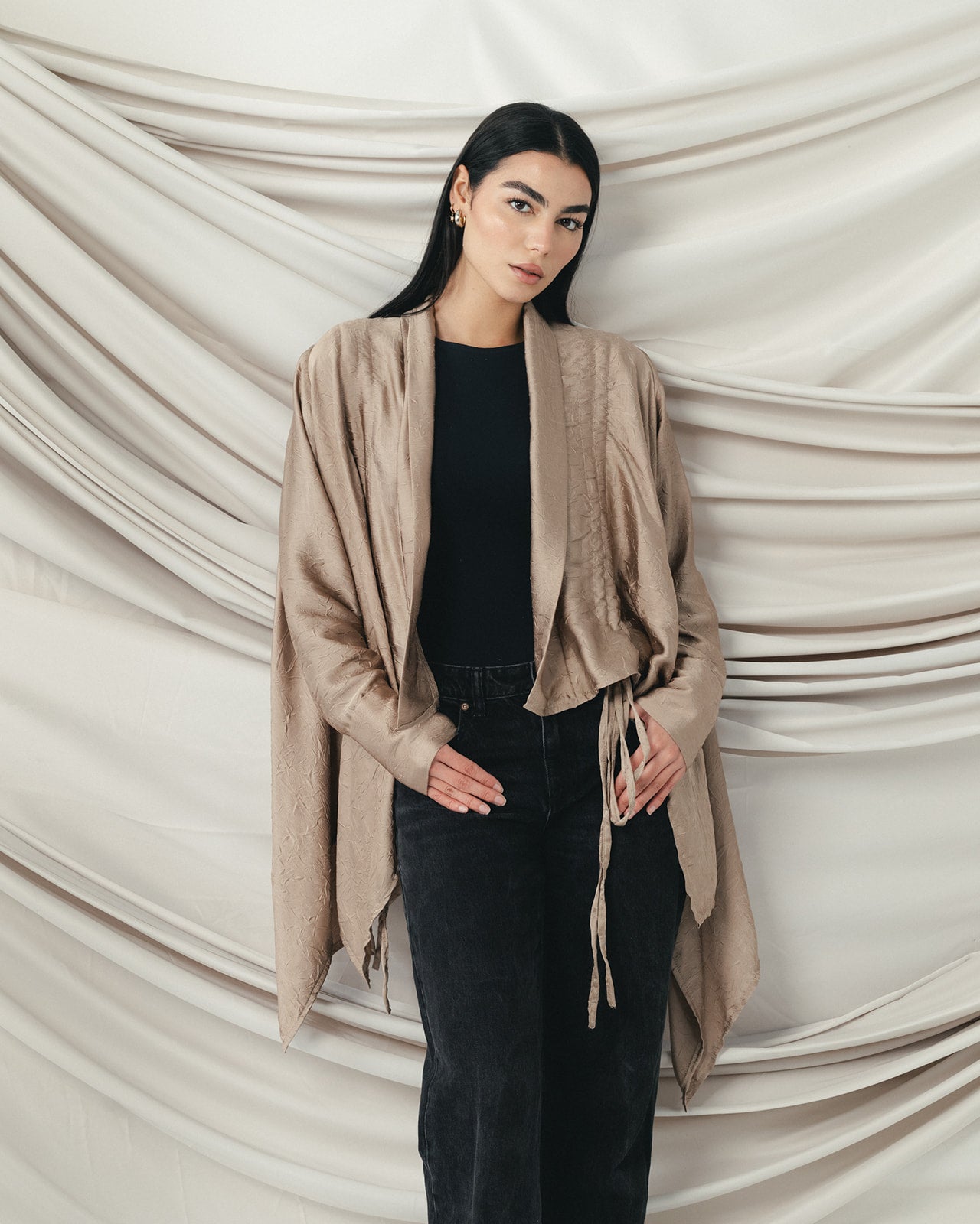 Crinkle Light Satin Cardigan Cafe