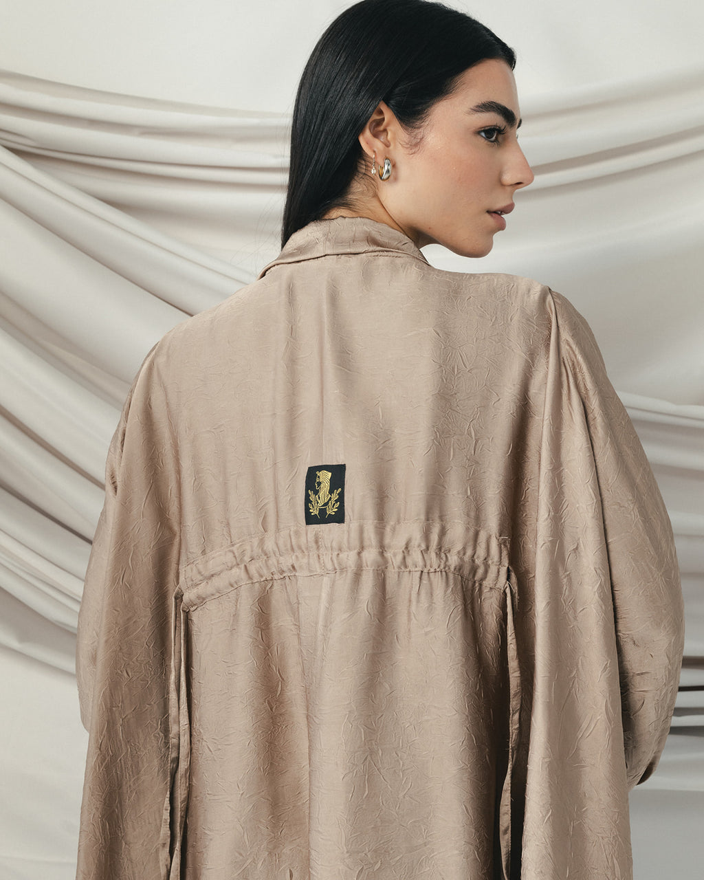 Crinkle Light Satin Cardigan Cafe