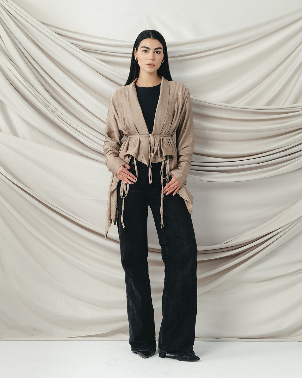 Crinkle Light Satin Cardigan Cafe