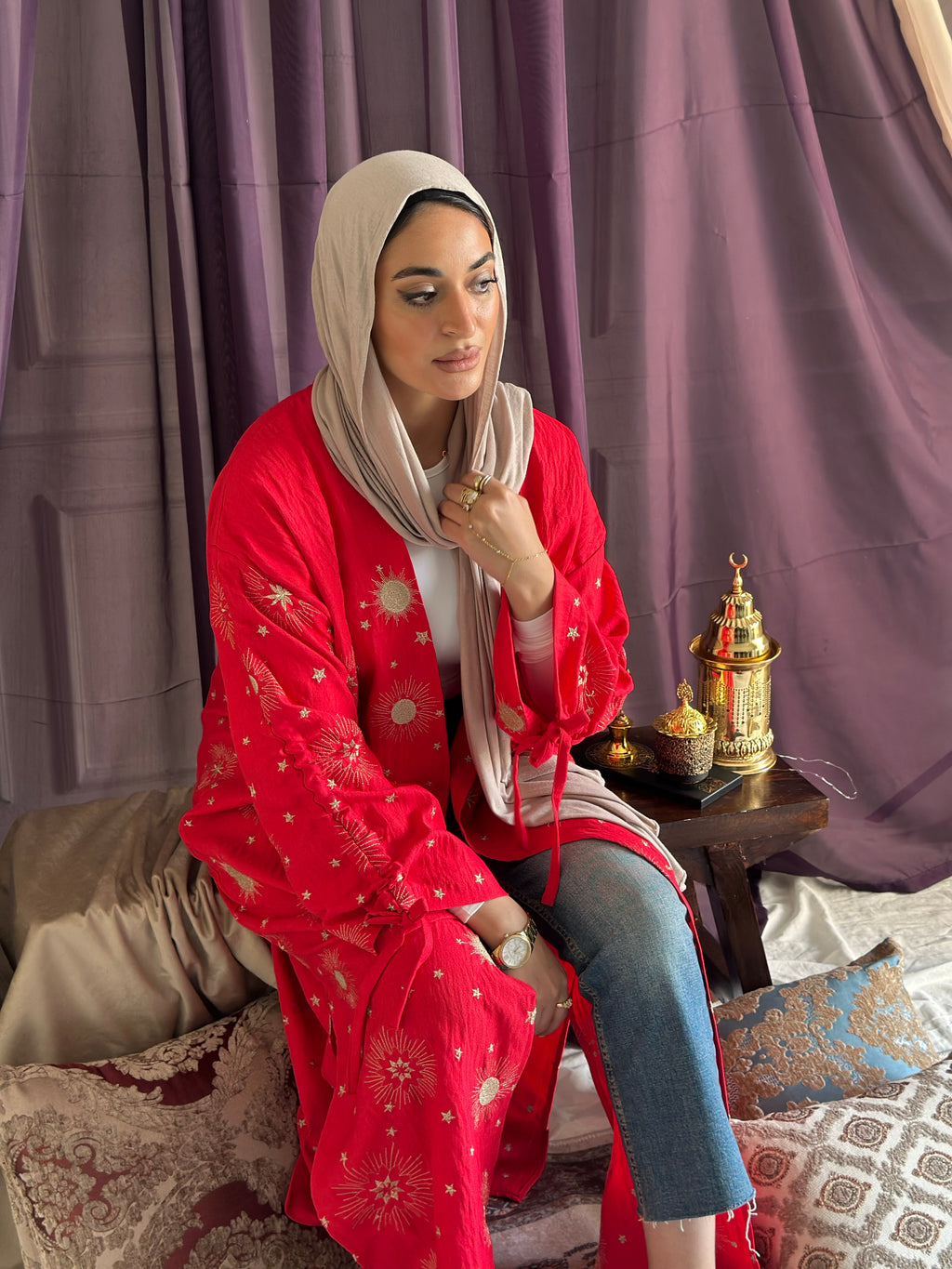 Golden embroidered Kaftan - Red