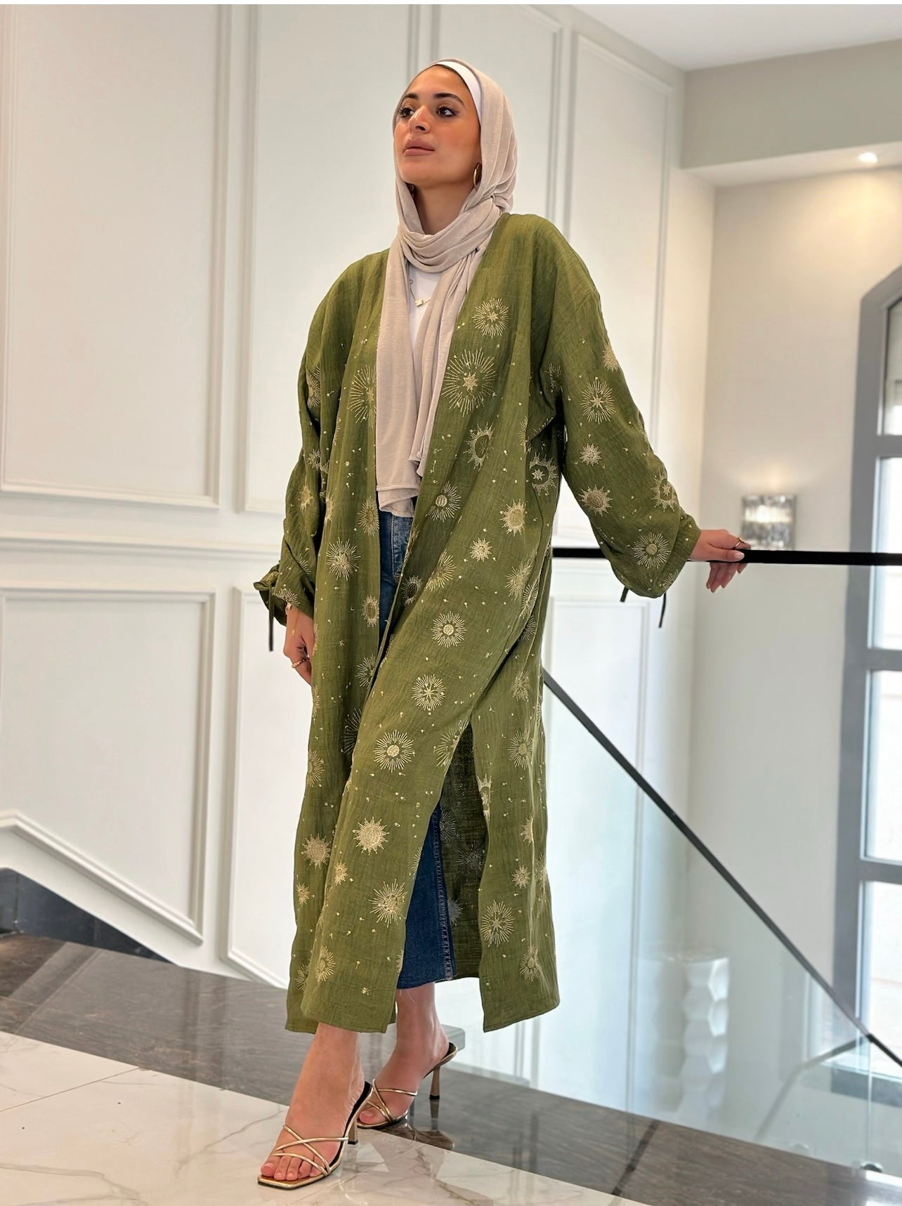 Golden Embroidered Kaftan In Olive ( item can’t be open , Refund or Exchange)