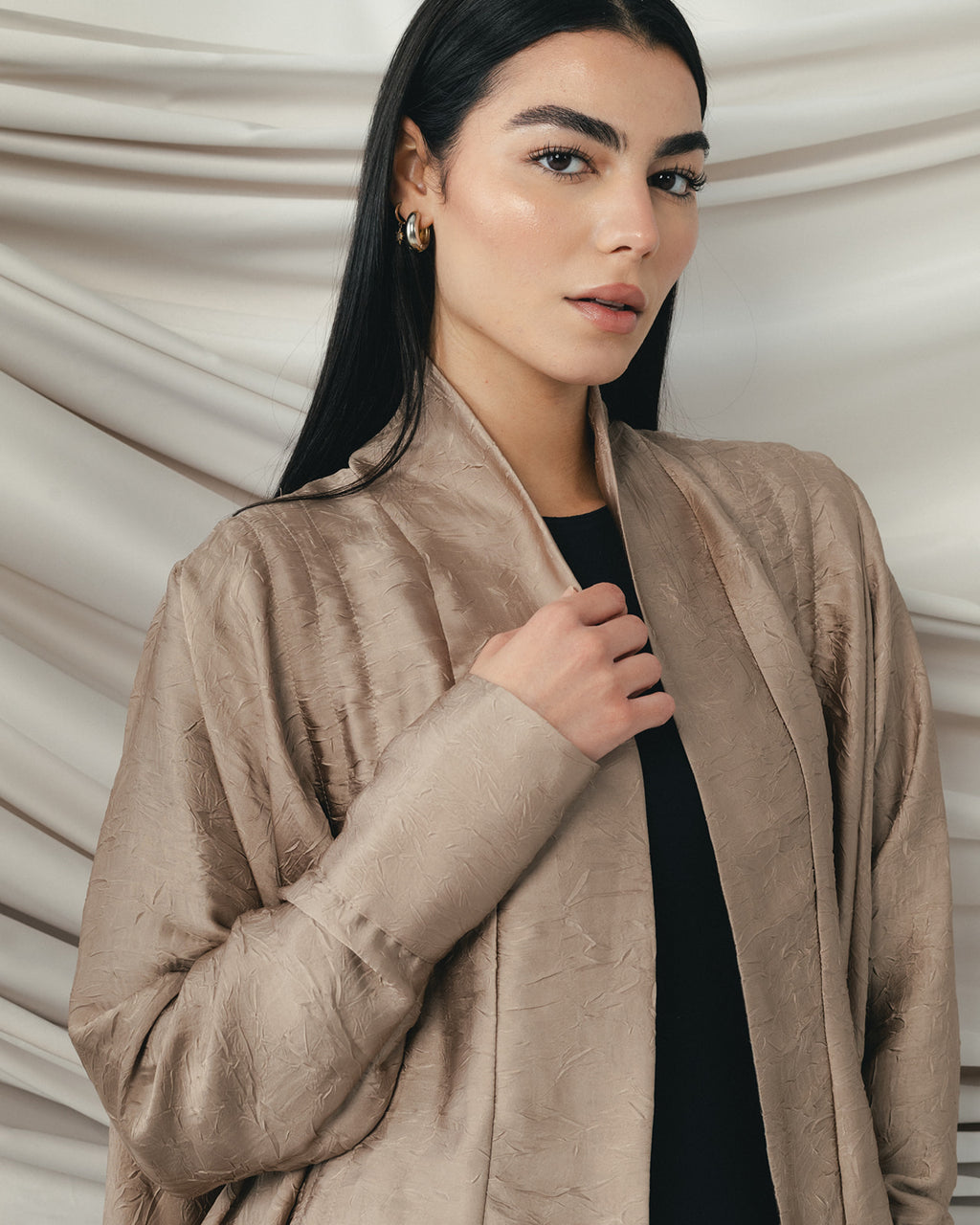 Crinkle Light Satin Cardigan Cafe