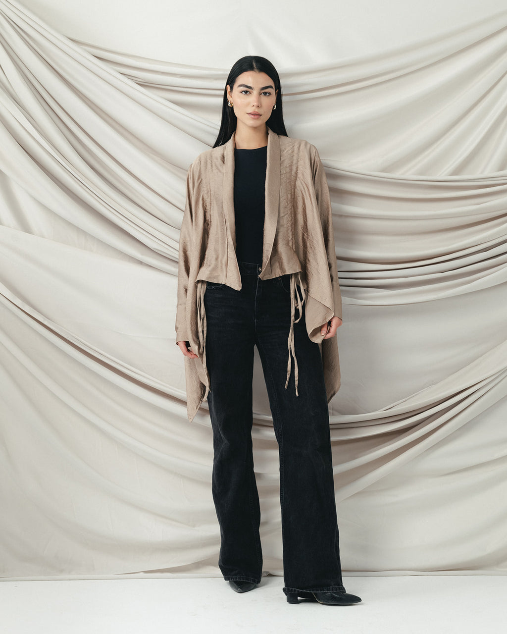 Crinkle Light Satin Cardigan Cafe