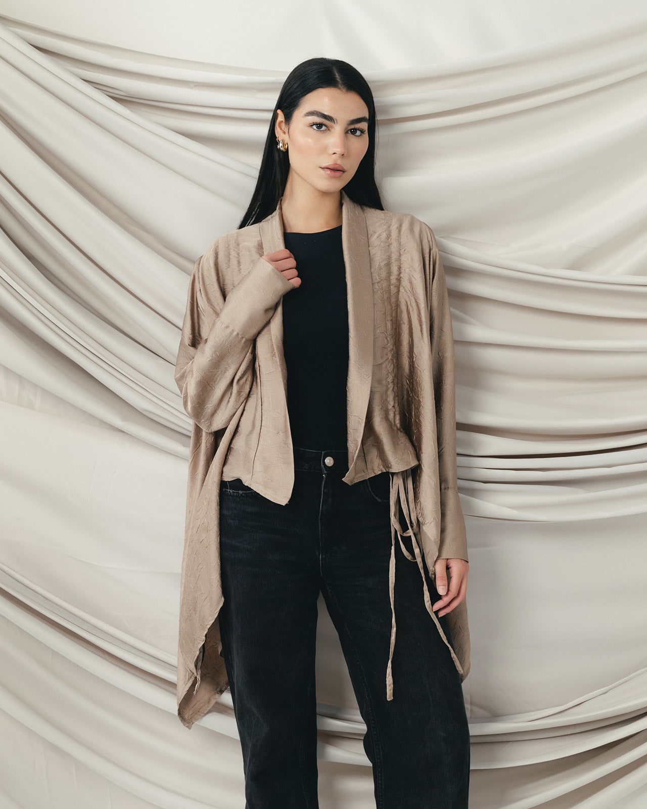 Crinkle Light Satin Cardigan Cafe