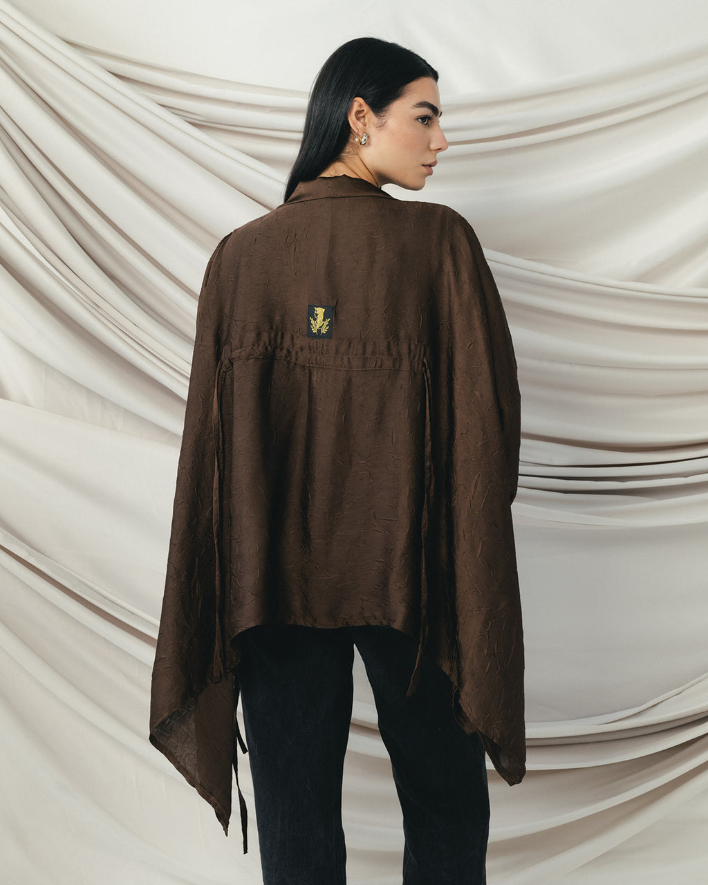 Crinkle Light Satin Cardigan in Brown