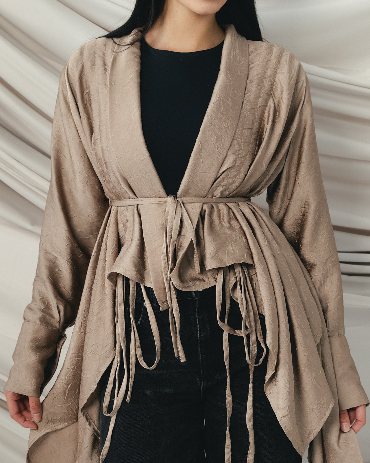 Crinkle Light Satin Cardigan Cafe