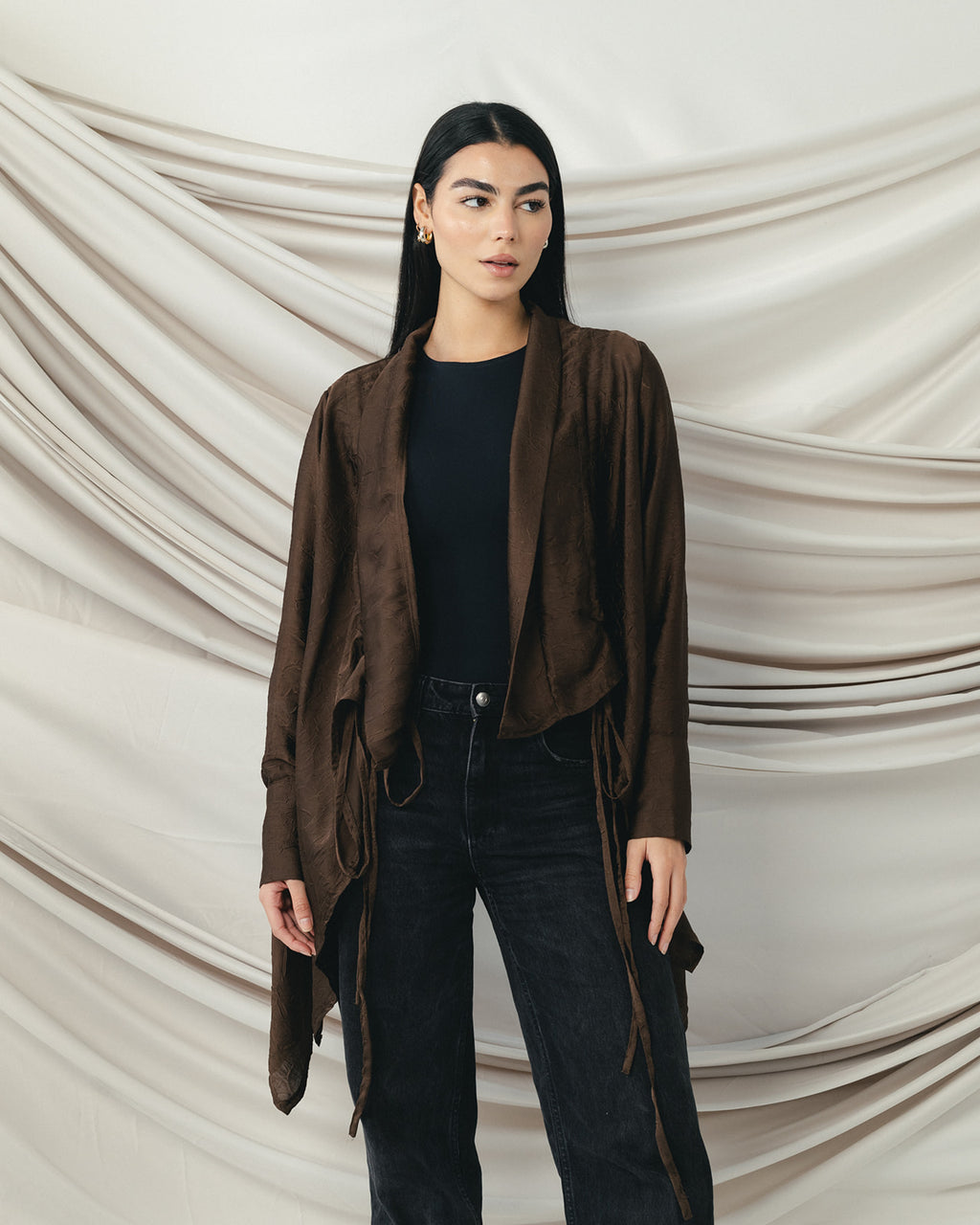 Crinkle Light Satin Cardigan in Brown