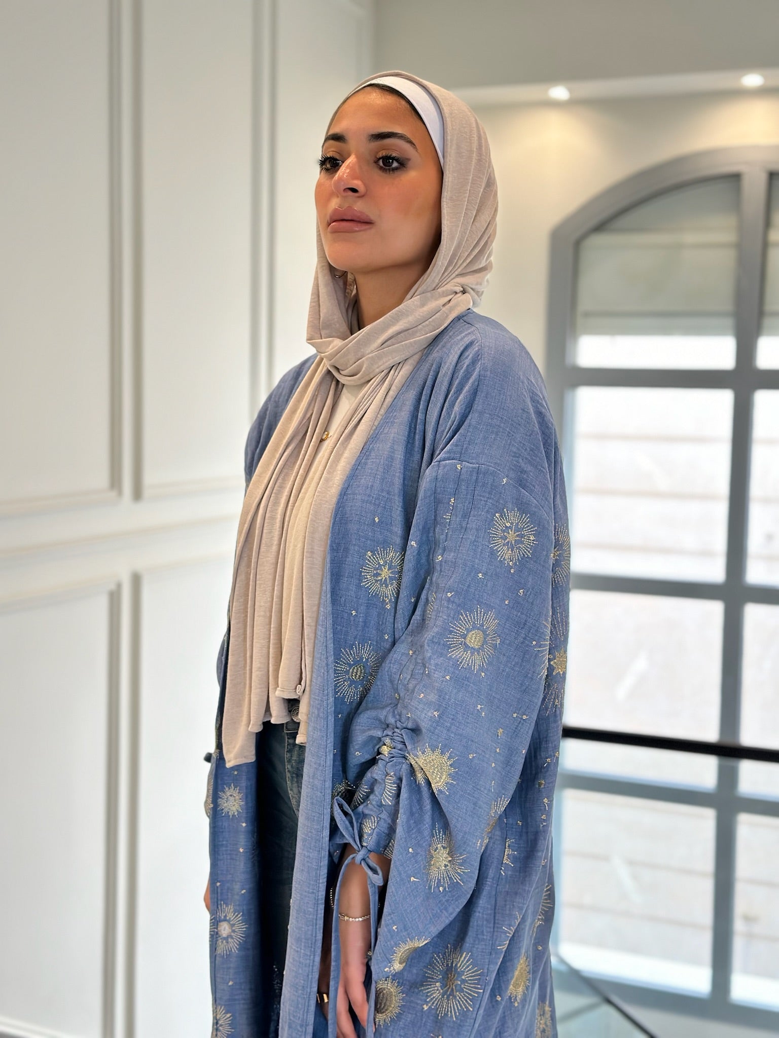 Golden Embroidered Kaftan In Baby Blue( item Can’t be Open, Refund or Exchange )