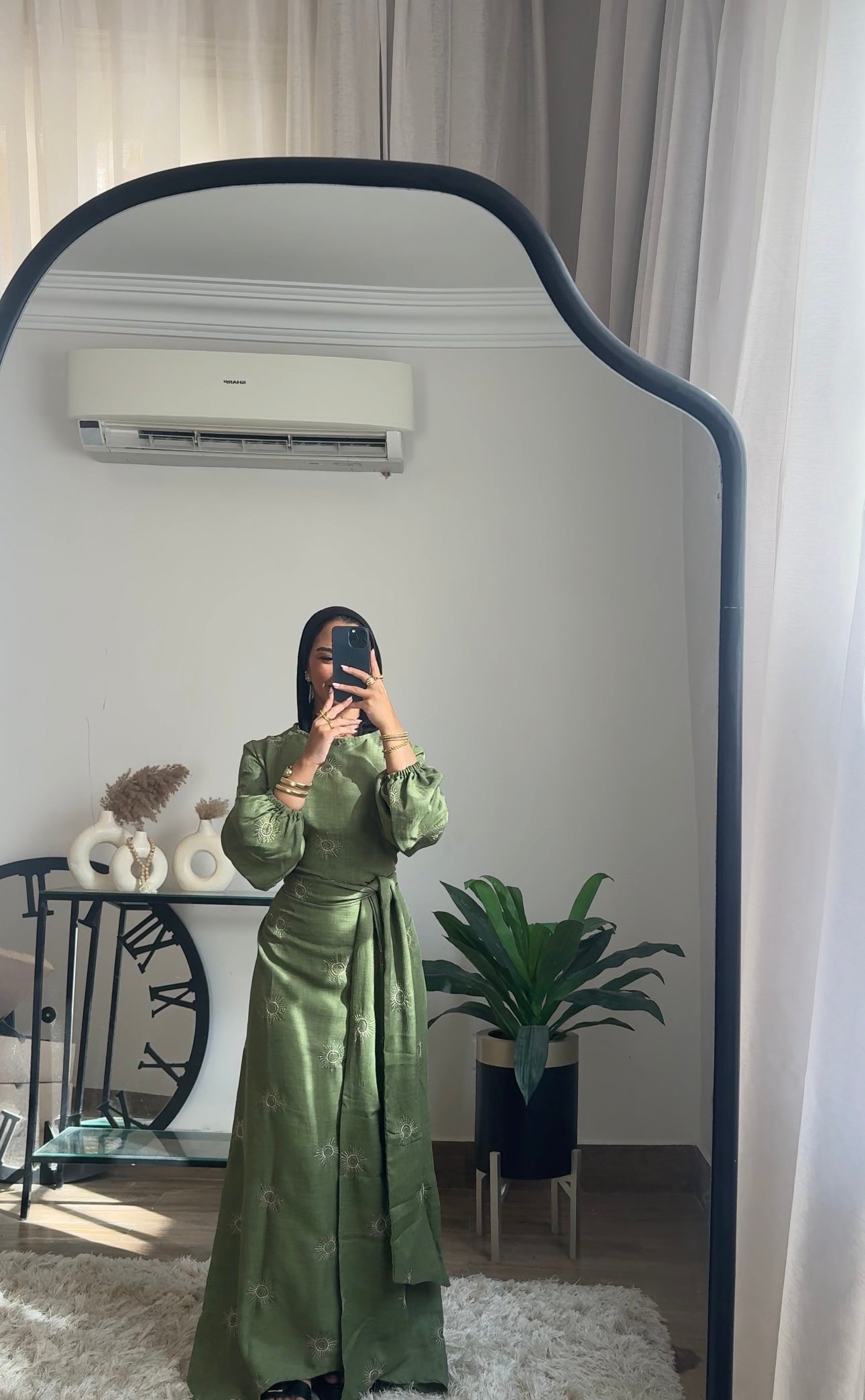 Shams Embroidered Dress in Olive