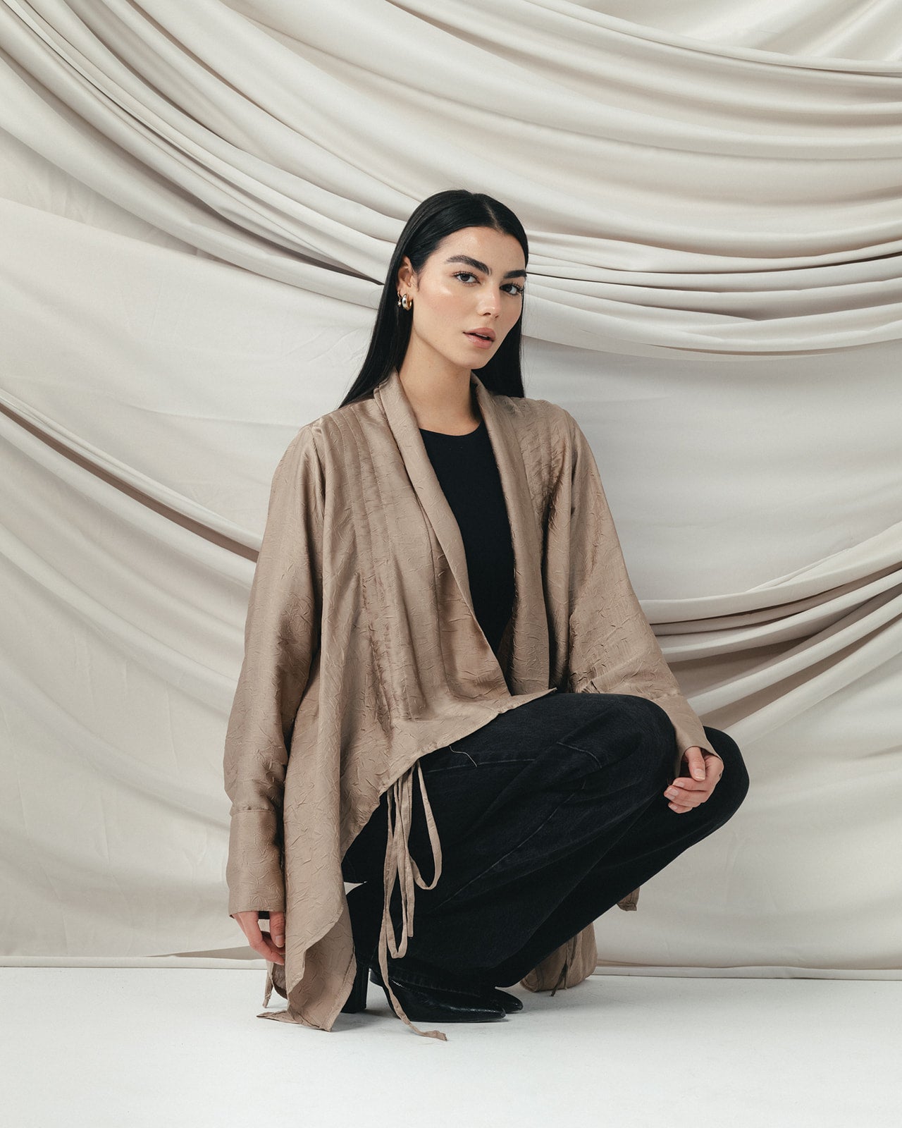 Crinkle Light Satin Cardigan Cafe