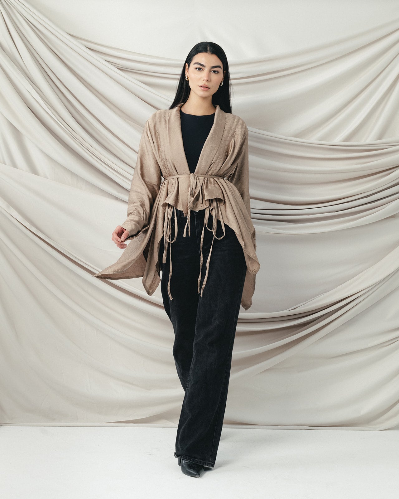 Crinkle Light Satin Cardigan Cafe