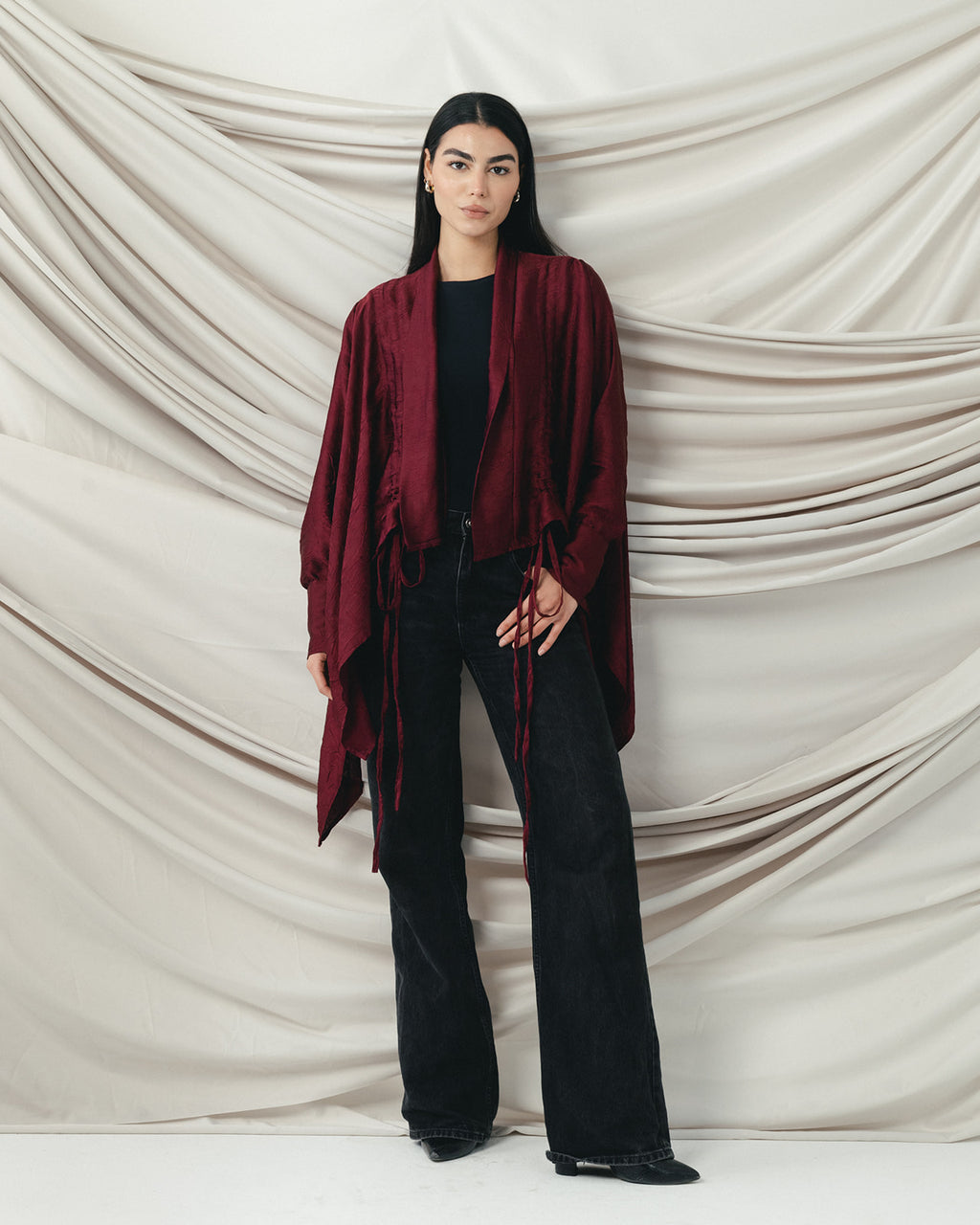 Crinkle Light Satin Cardigan in Burgundy