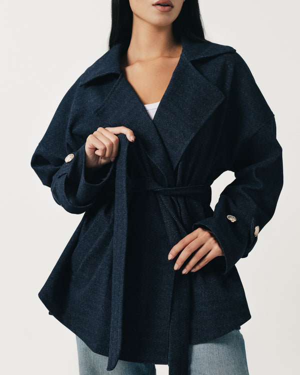 Midnight Blue Soft Denim Wrap Coat