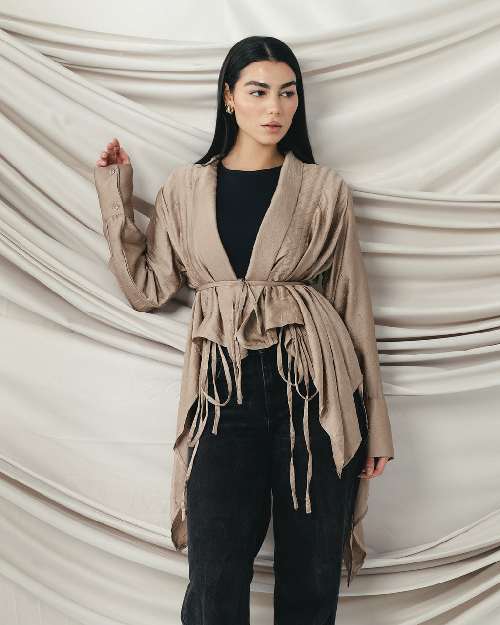 Crinkle Light Satin Cardigan Cafe