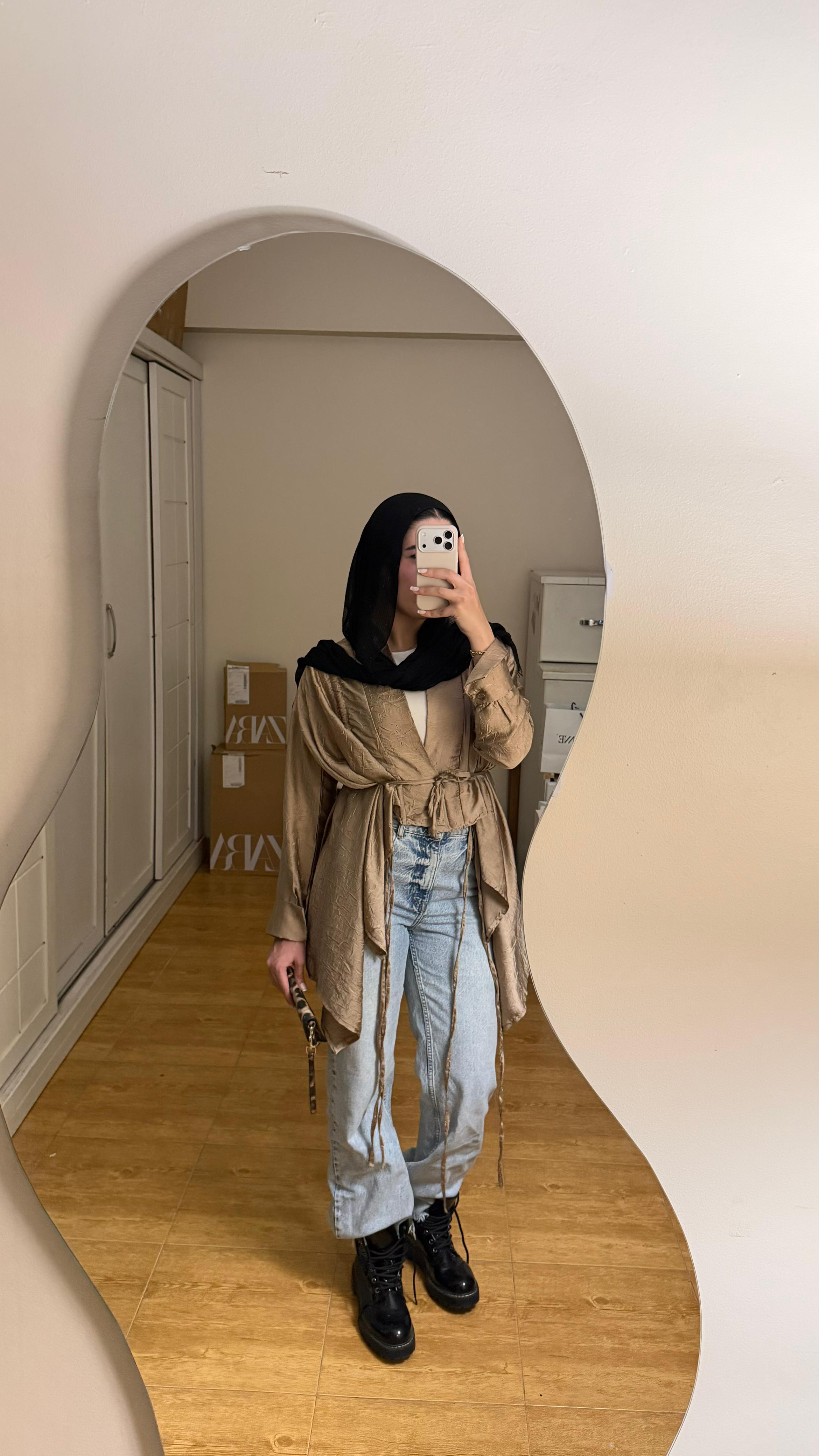 Crinkle Light Satin Cardigan Cafe