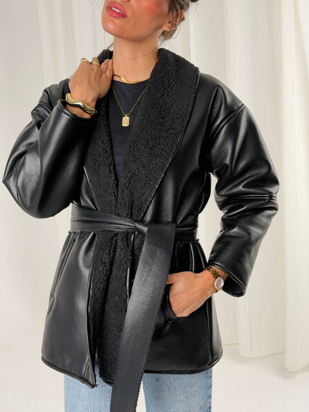 Gold for Her Padded Leather Coat - Black