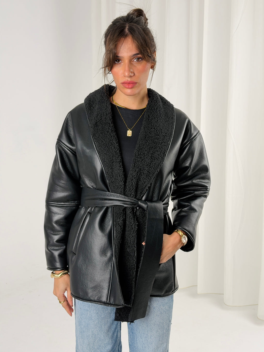 Gold for Her Padded Leather Coat - Black