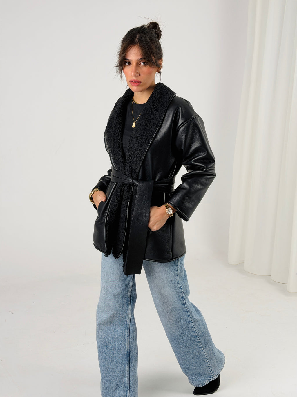 Gold for Her Padded Leather Coat - Black