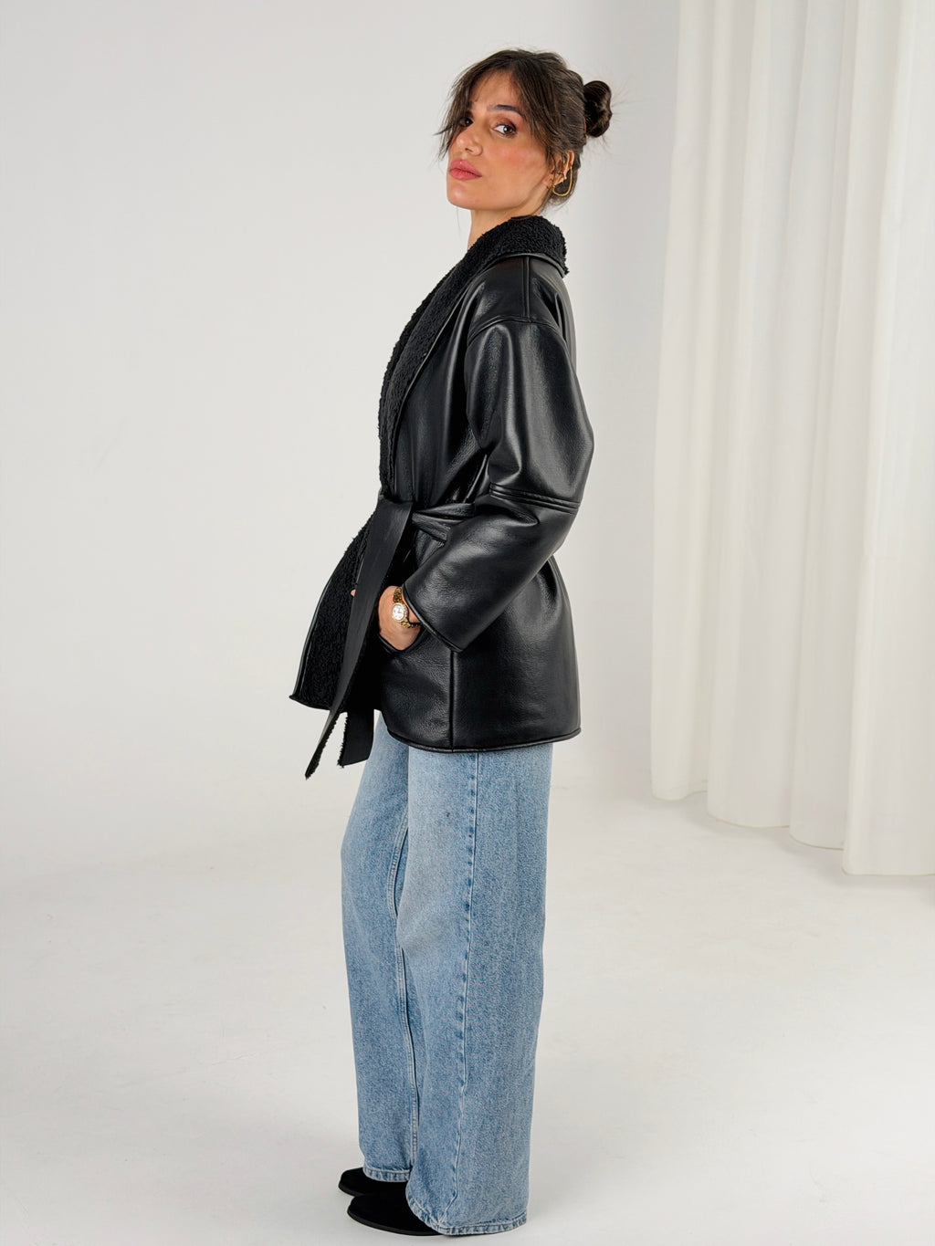 Gold for Her Padded Leather Coat - Black