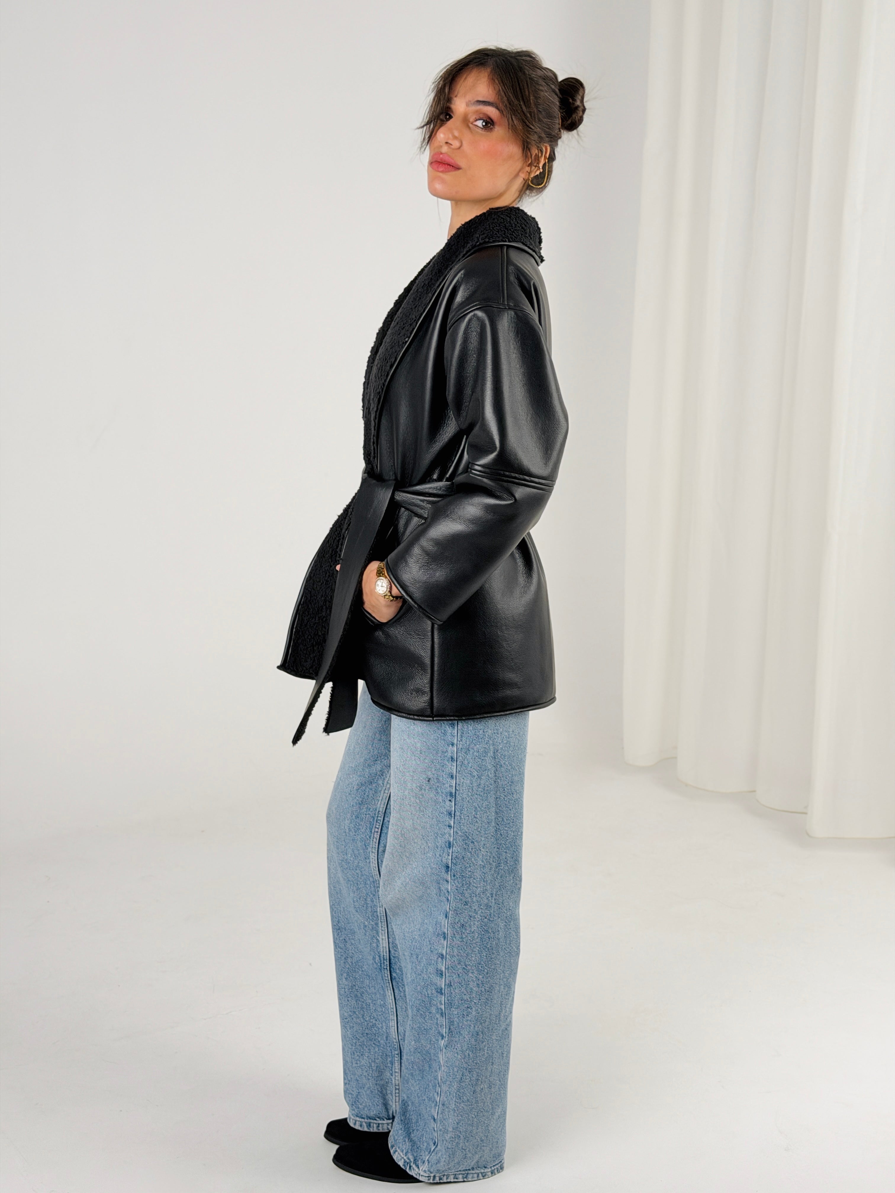 Gold for Her Padded Leather Coat - Black