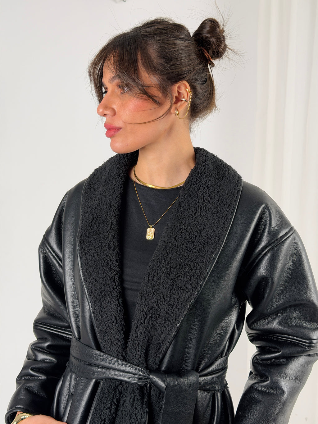 Gold for Her Padded Leather Coat - Black