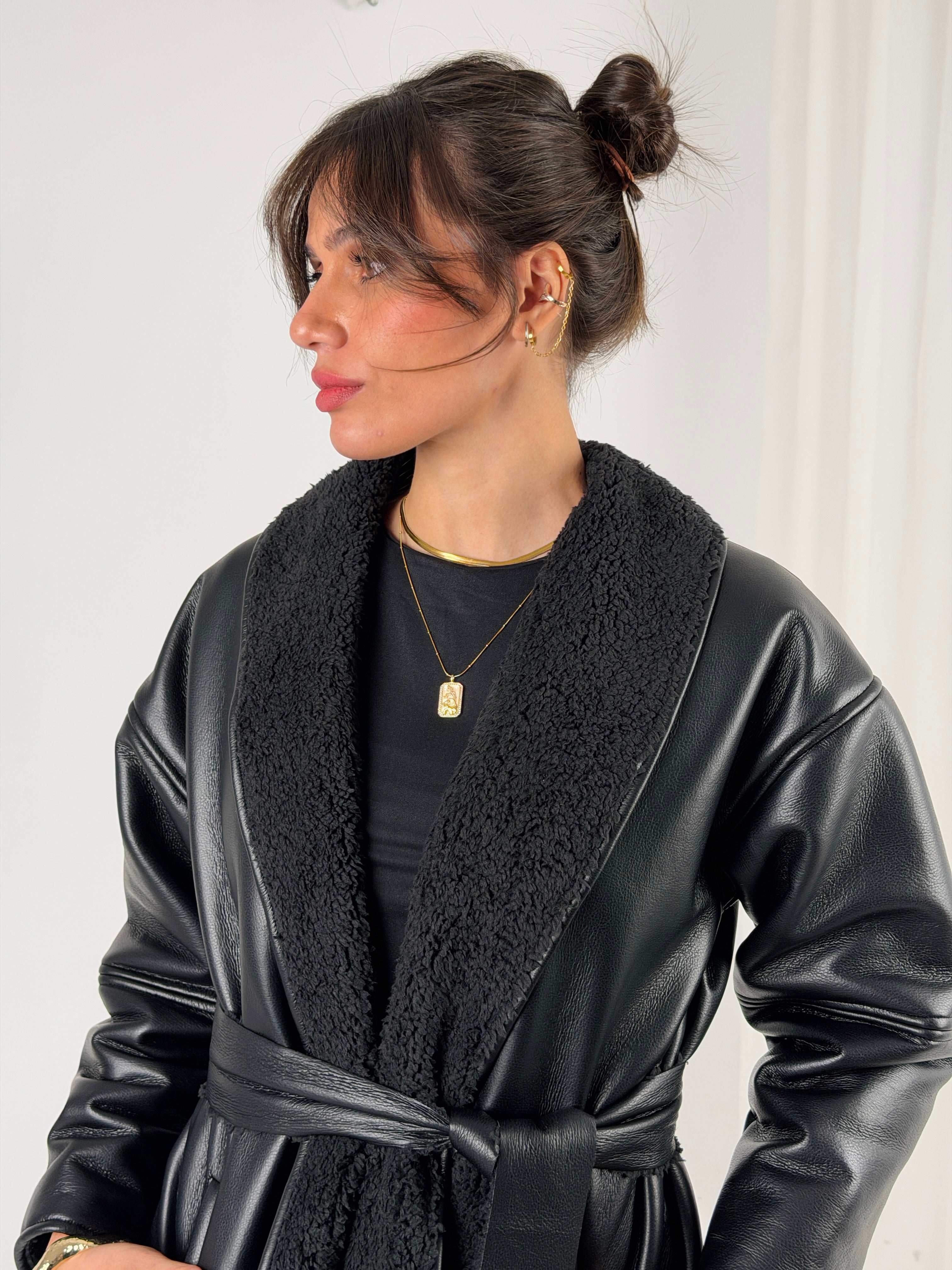 Gold for Her Padded Leather Coat - Black