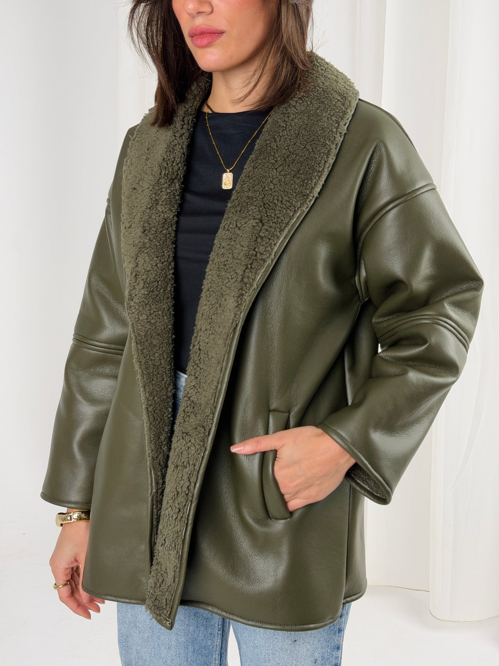 Gold for Her Padded Leather Coat - Olive